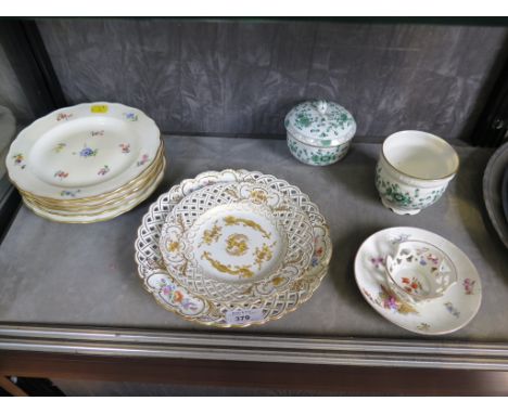 A set of six floral decorated Meissen plates, 20cm diameter, two reticulated Meissen plates (one restored) a trembleuse sauce