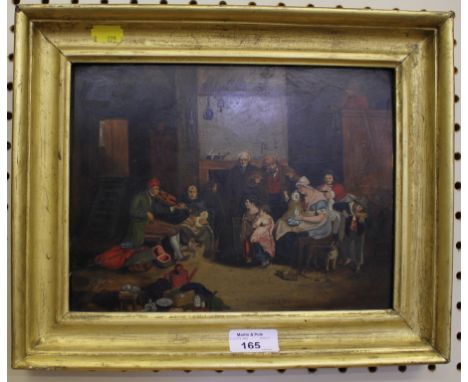 19th century English School Interior scene of a family playing instruments Oil on board, unsigned 19cm x 25cm And a Thomas Ro