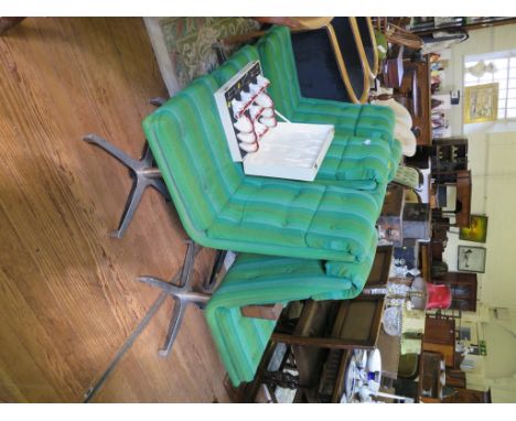 A set of six 1970s dining chairs, with green button upholstered backs and seats on aluminium bases stamped CMS