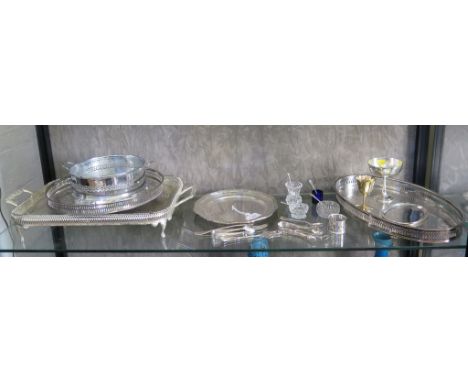 Silver plate including wavy-rim dish, three pierced trays, glass salts with spoons, sugar snips, napkin ring, forks