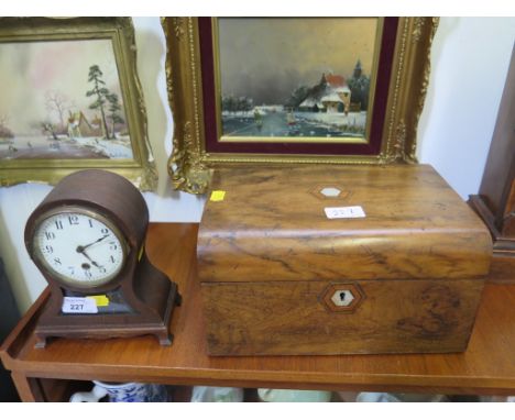 A walnut box of rectangular form, and a table clock