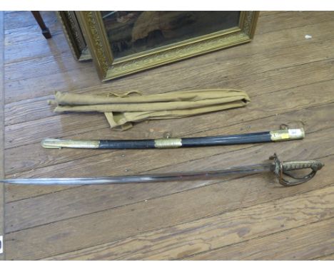 A Victorian Navy officer's sword with leather and brass scabbard 100cm long