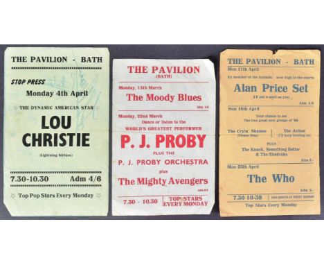 Music - a collection of x3 original c1960s music concert flyers from The Pavilion, Bath. Acts listed include: The Who, Alan P