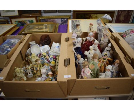 Two cartons of assorted figurines a pretty Victoria part tea service having blue floral decoration and an Aynsley floral bask