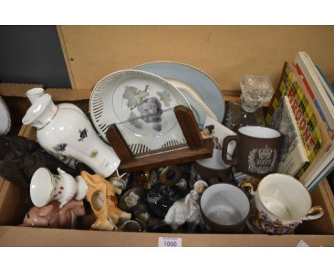 An assorted selection of items including a copy of Wainwrights Fell Wanderer, Royal commemorative mugs, a pressed glass decan