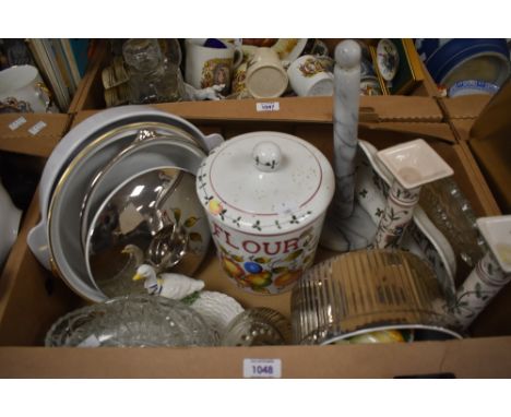 A decorated flour storage jar and pair of candlesticks stamped Italy, a pressed glass cake plate, a Royal Worcester silver lu