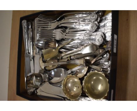A collection of cutlery, mainly comprising of stainless steel and EPNSS, to include a pair of Victorian sugar bowls, miniatur