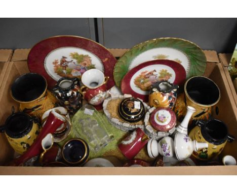 A Royal Doulton Bunnikins castle display stand, a pair of Sylvac duck vases, two Shramberg vases (one AF), a selection of Lim