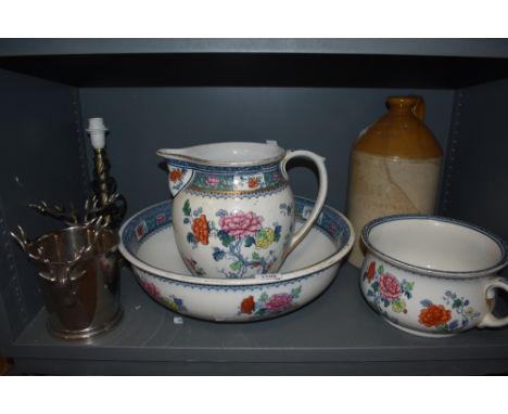 A Losol Ware Tuban commode dresser set AF, a stoneware flagon stamped Waighs Ltd, Kendal AF, a brass effect column table lamp
