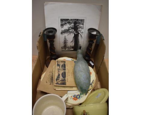 Five H &amp; K Tunstall Art Deco dinner plates, a vintage frosted green glass torpedo advertising bottle stamped JH CUFF, MAN
