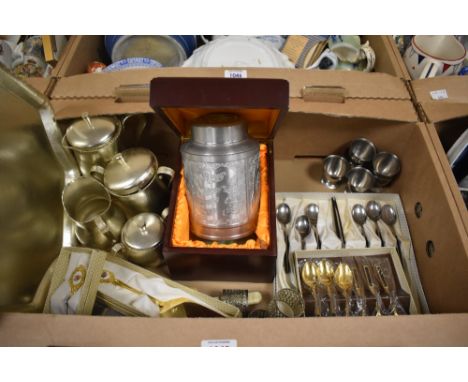 A collection of boxed flatware including teaspoons and servers, tea set on tray, egg cups and a boxed Oriental tea caddy etc.
