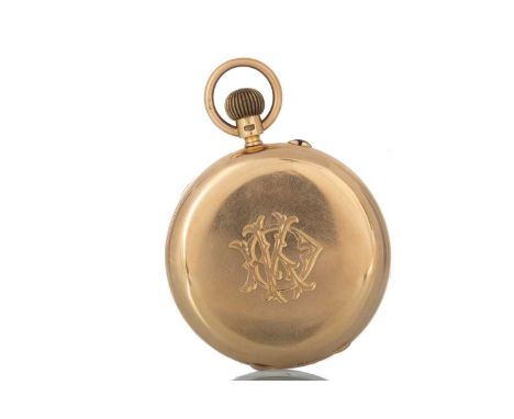 EIGHTEEN CARAT GOLD FULL HUNTER POCKET WATCH, the round enamel dial with Roman hour markers, outer railroad seconds track in 