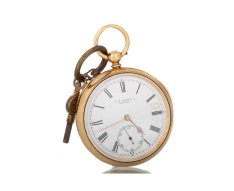 EIGHTEEN CARAT GOLD OPEN FACE POCKET WATCH, the round enamel dial with Roman hour markers, outer railroad seconds track in bl