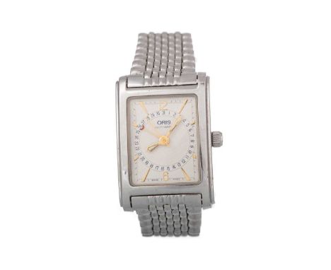 ORIS, STAINLESS STEEL AUTOMATIC WRIST WATCH, the rectangular dial with wedge and Arabic hour markers, 25mm case, on a stainle