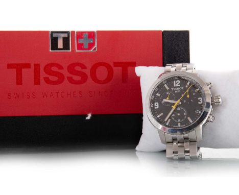 TISSOT, STAINLESS STEEL QUARTZ WRIST WATCH, the round dial with three subsidiary dials, date aperture at 4 o'clock, with oute