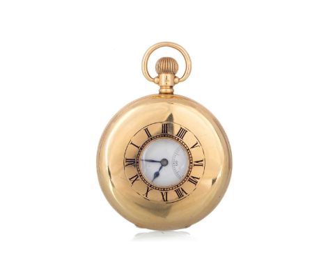 EIGHTEEN CARAT GOLD HALF HUNTER POCKET WATCH, the round enamel dial with Roman hour markers, railroad seconds track in black,