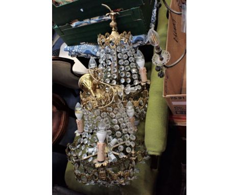 A PAIR OF GILT-METAL AND CUT-GLASS THREE LIGHT CHANDELIERS 20th century, with cut-glass droplets to the surround, 60cm high x