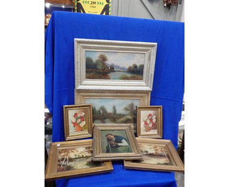 A COLLECTION OF FRAMED OIL PAINTINGS landscapes, flower studies and a portrait, largest 73 x 45 cms