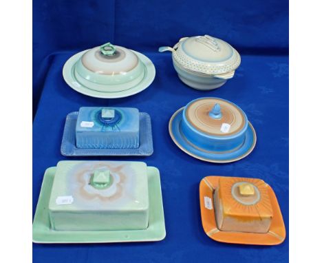 A COLLECTION OF SHELLEY HARMONY DRIPWARE and banded butter dishes, muffin dish, and a Crown Devon vegetable dish and ladle (s