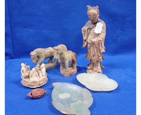 TWO JADE DISHES WITH AN IVORY BUDDIST SCENE IN A LOTUS LEAF with two stone horse and other oriental items 