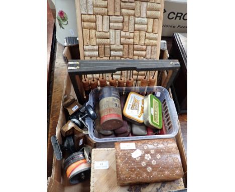 A MICROSCOPE SET, BOXES AND TINS&nbsp;an abacus, spectacles, fishing reels etc