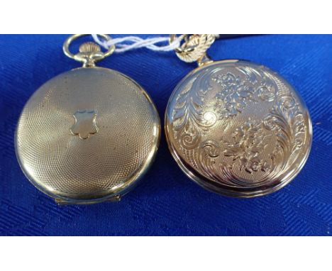 A MODERN HUNTING CASE POCKET WATCH in an unmarked yellow metal engraved case, together with one other similar pocket watch (2