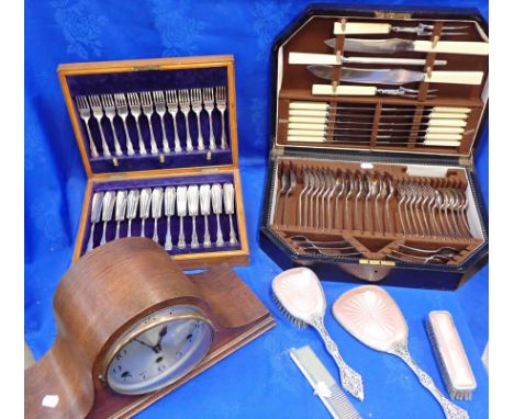 A CANTEEN OF PLATED CUTLERY AND ANOTHER CONTAINING A FISH SERVICE with a dressing table set and a Whittington chime mantle cl