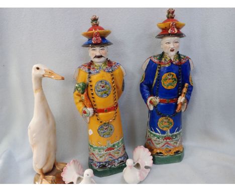 A PAIR OF CHINESE CERAMIC FIGURES OF ELDERS painted in enamels 45cm high, and other ceramics (some damage)