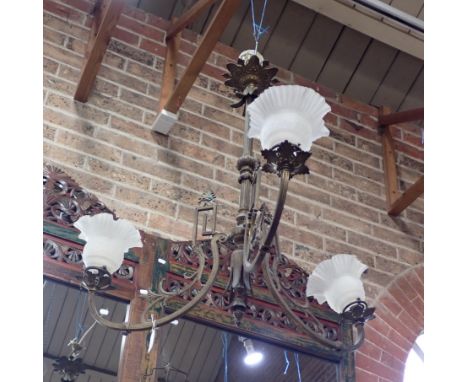 A BRASS THREE-BRANCH CHANDELIER 20th century, in neoclassical taste, with frosted glass shades, 73cm high x 74cm wide