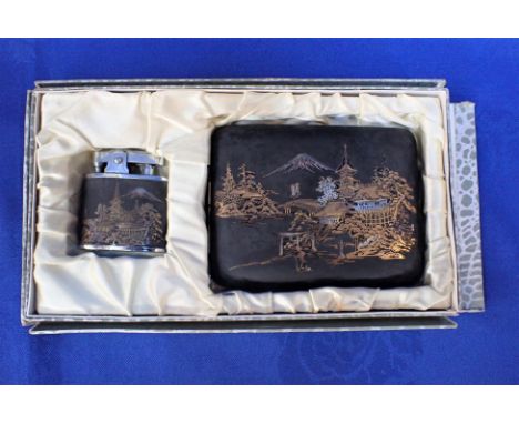A JAPANESE 'NIELLO' TYPE CIGARETTE CASE AND LIGHTER decorated in two-coloured metals with a landscape with Mount Fuji (boxed)