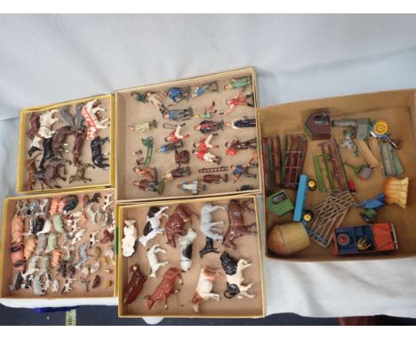 A COLLECTION OF BRITAIN'S CAST METAL FARM AND GARDEN FIGURES and other items, garden roller, wheelbarrow, bench, wooden acces