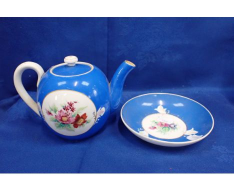 A 19TH CENTURY RUSSIAN TEAPOT, GARDNER FACTORY, WITH FRENCH STYLE FLORAL DECORATION with a similar saucer 