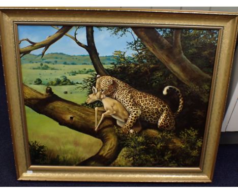 M. LEIGHTON, OIL ON CANVAS, LEOPORD IN TREE to be sold in aid of Dorchester Stroke Unit