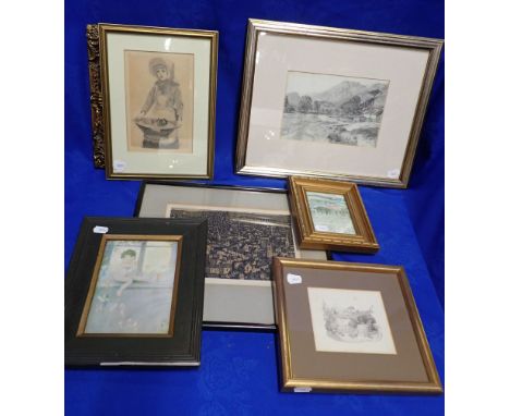 EARLY 20th CENTURY LANDSCAPE DRAWING pencil, perhaps Lake District, 38 x 32, with another pencil portrait drawing dated 1889,
