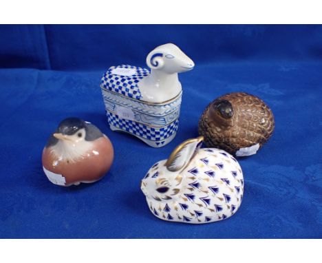 A ROYAL CROWN DERBY RABBIT with a Denmark bird, a Barbara Lindsay Adams Poole pottery bird and another 