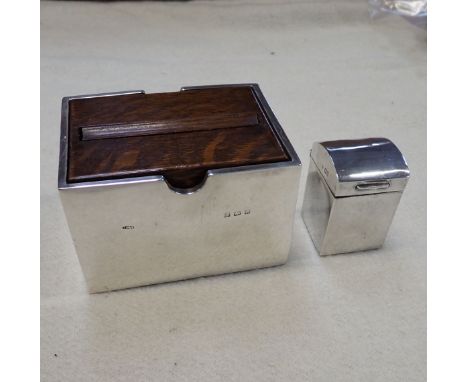 A NOVELTY CIGARETTE BOX with wooden dispenser, Birmingham 1946, and a silver playing card box