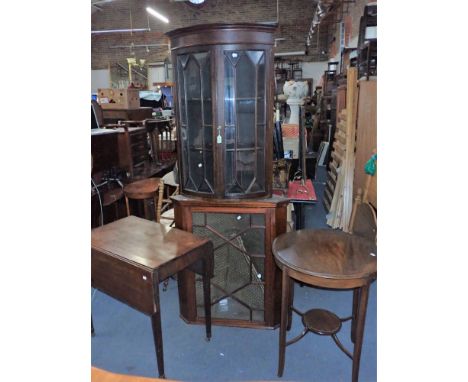 A BOW FRONTED CORNER DISPLAY CABINET with another with Chippendale style glazing, a small late 18th century style drop leaf t