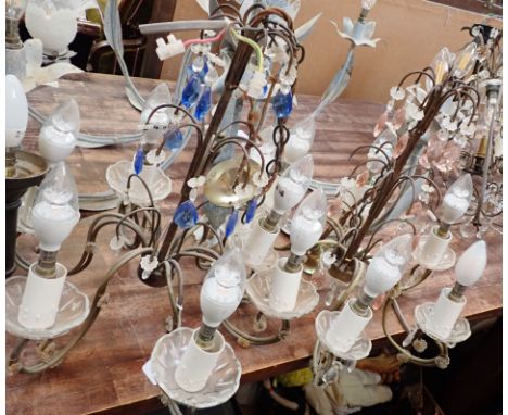 TWO SIMILAR SIX-LIGHT CHANDELIERS 20th century, with coloured cut-glass droplets, 44cm high x 42cm wide (2)