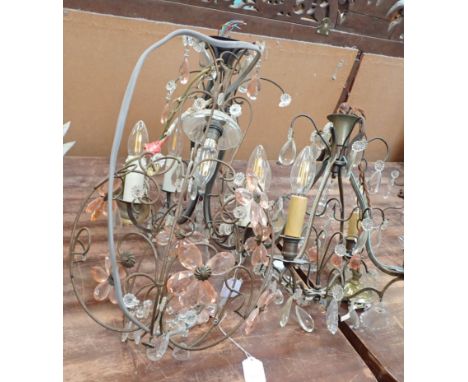 A CONTEMPORARY METAL AND CUT-GLASS CEILING LIGHT with coloured glass petals, 52cm high x 30cm wide, together with two small m