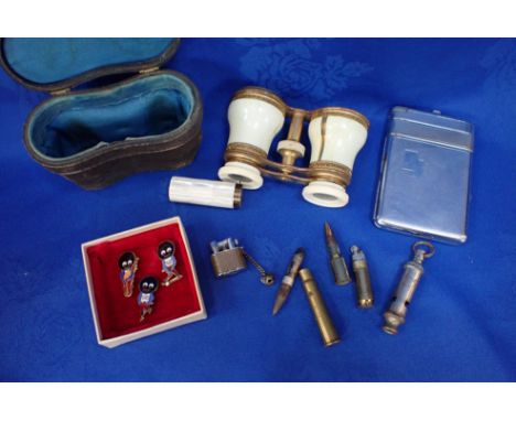 A PAIR OF GILT METAL FRAMED OPERA GLASSES (CASED) a mother-of-pearl cased lipstick, Girl guide whistle, bullet pencil and lig