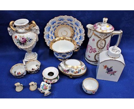 A FURSTENBERG CADDY, A FRENCH PAINTED AND GILT WATER POT&nbsp;and other cabinet ceramics (some damage)