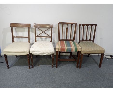 A PAIR OF REGENCY MAHOGANY SIDE CHAIRS "one with cross-over bar back, the other with cross over elements missing, another nea