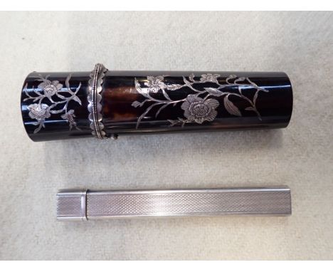 A VICTORIAN ETUI, TORTOISESHELL INLAID WITH SILVER with a silver scissors case with engine-turned finish