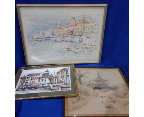 TWO SKETCHES OF MEDITERRANEAN PORTS pen and watercolour, in a lively modern style, larger 80 x60, with a watercolour sketch o