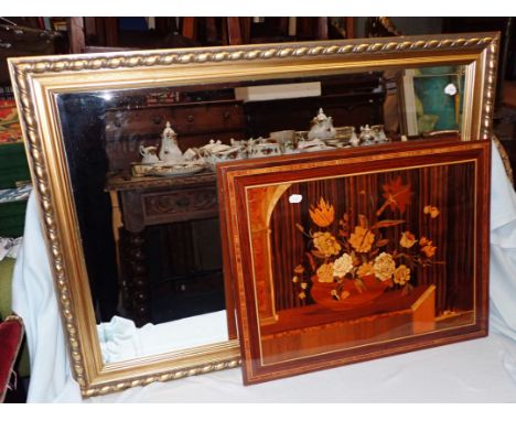 A MODERN MARQUETRY PANEL AND A MIRROR 104 x 74 cms