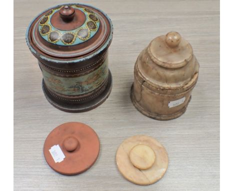 A 19th CENTURY POTTERY TOBACCO JAR WITH HUNTING SCENE and another turned stone tobacco jar