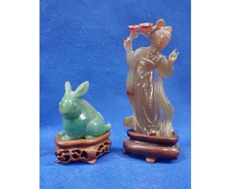 A CARVED HARDSTONE GEISHA WITH STAND 13cm high, and a jade rabbit with stand