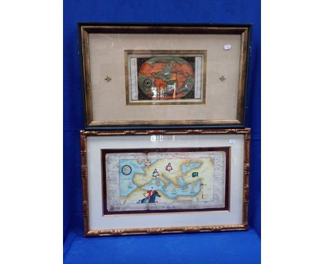 MANUSCRIPT MAP PAGES perhaps Persian, one with double glass to show text verso, larger 58 cms wide