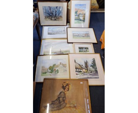 E M JESSUP, STUDY OF GIRL IN PERIOD COSTUME watercolour, with eight watercolours of country and coastal scenes