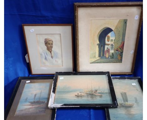 M KEMP WELCH, ALI, AN EGYPTIAN BOY Watercolour portrait, with a Middle Eastern street scene by Victor Pickup and three other 